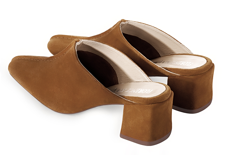 Caramel brown women's clog mules. Square toe. Medium block heels. Rear view - Florence KOOIJMAN